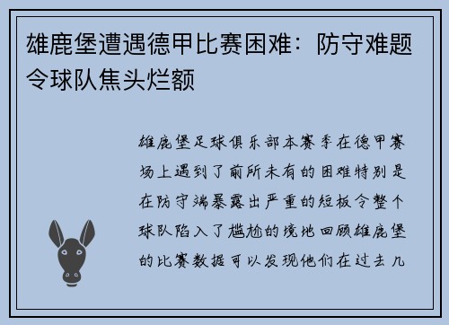 雄鹿堡遭遇德甲比赛困难：防守难题令球队焦头烂额
